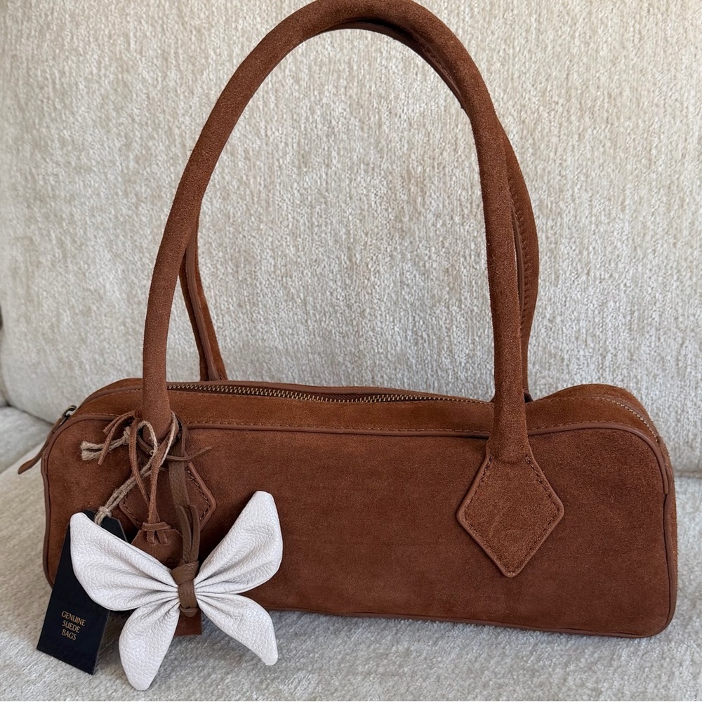 Genuine Leather Brown Suede Women's Barrel Shoulder Handbag, Made in India